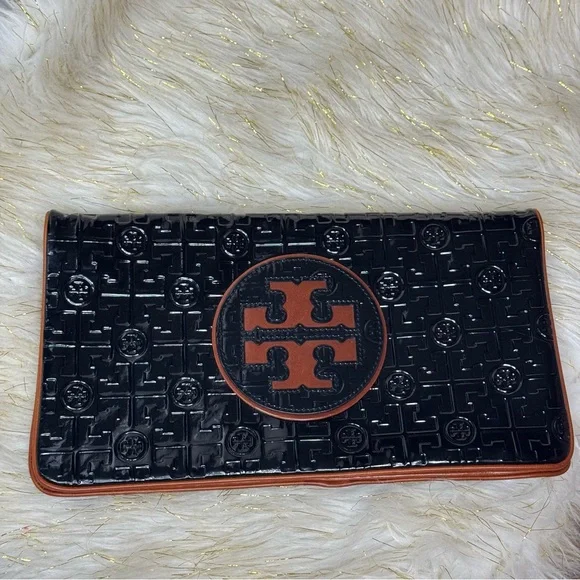 Tory Burch Black Clutch with Brown Logo Trim - Picture 1 of 9